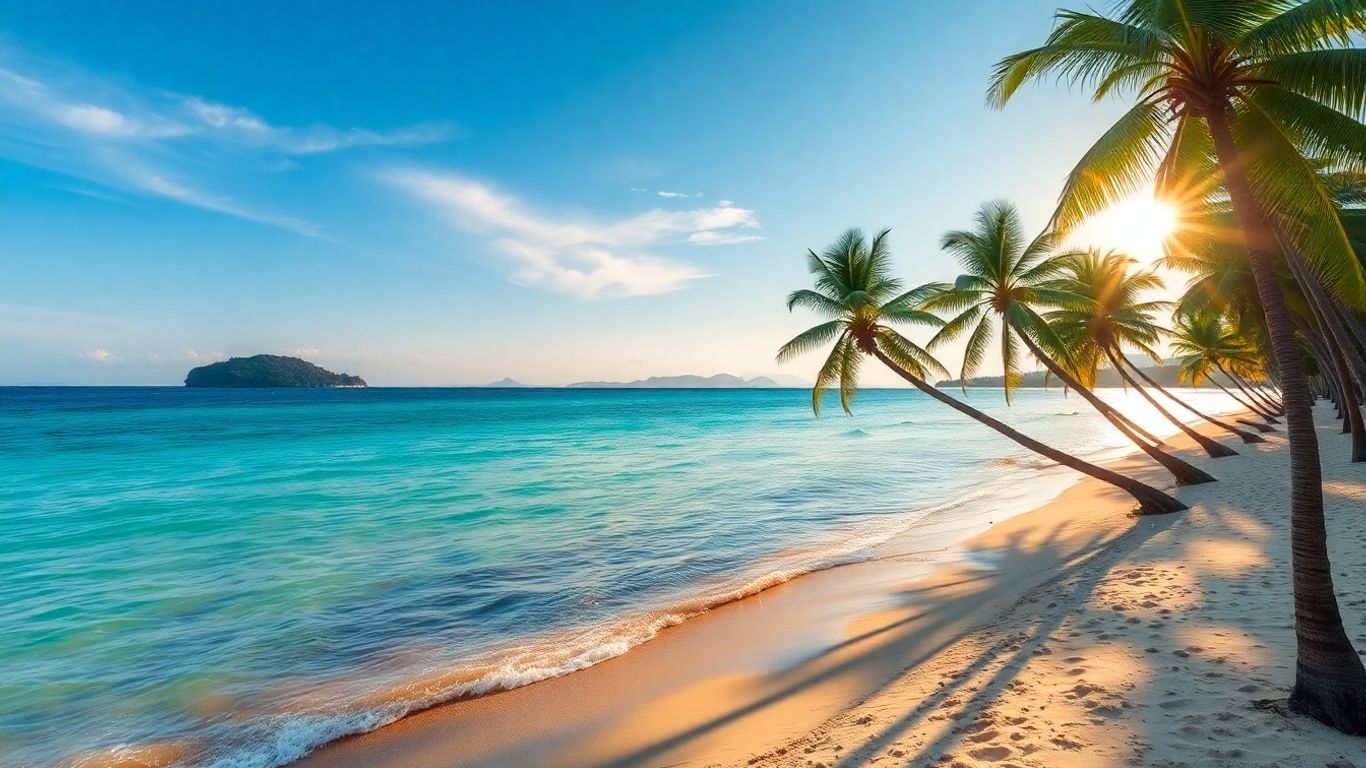 Peaceful Phuket beach with palm trees and turquoise water.