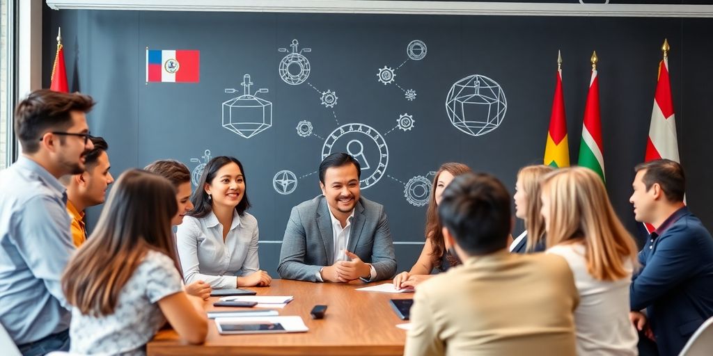Diverse professionals collaborating in a vibrant meeting space.