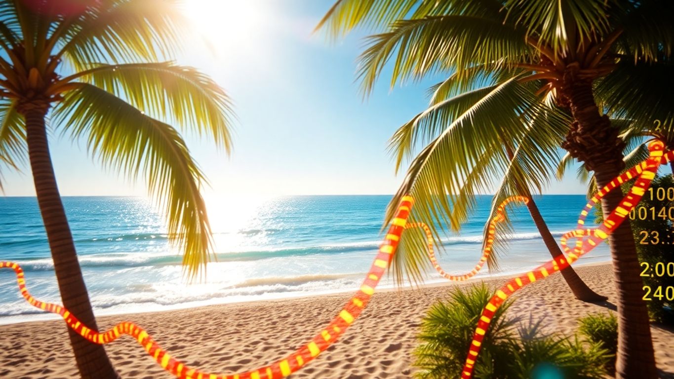 Tropical beach with colorful data streams.