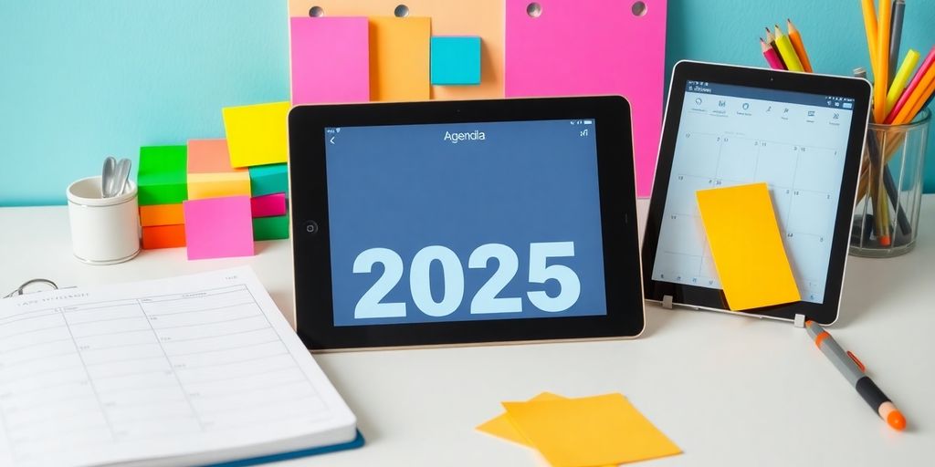 Farbenfrohe Notizen und ein Planer auf einem Schreibtisch.