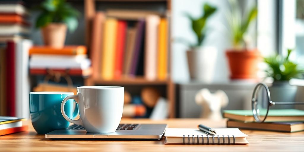 A bright workspace for startup bloggers with a laptop.