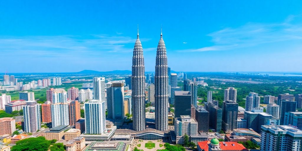 Kuala Lumpur skyline with Petronas Towers and vibrant cityscape.