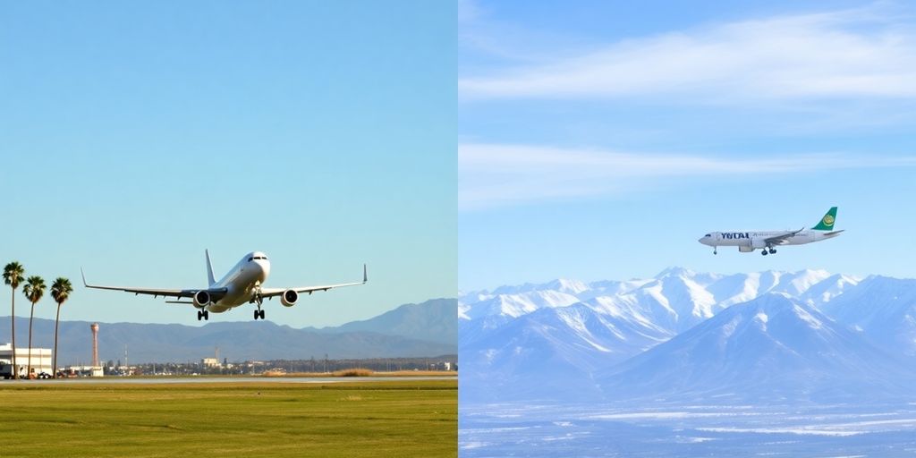 An airplane flying from sunny Los Angeles to snowy Anchorage.
