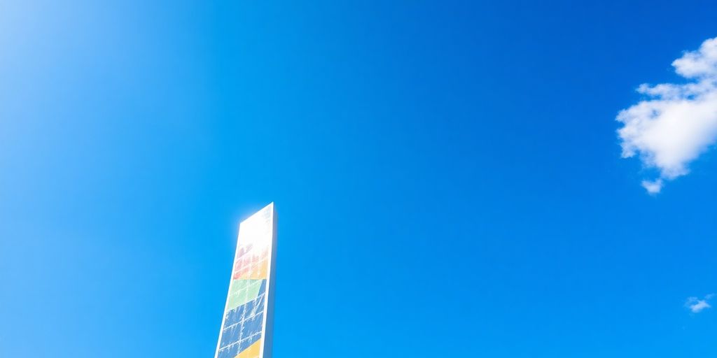 Tall pylon structure against bright sky.