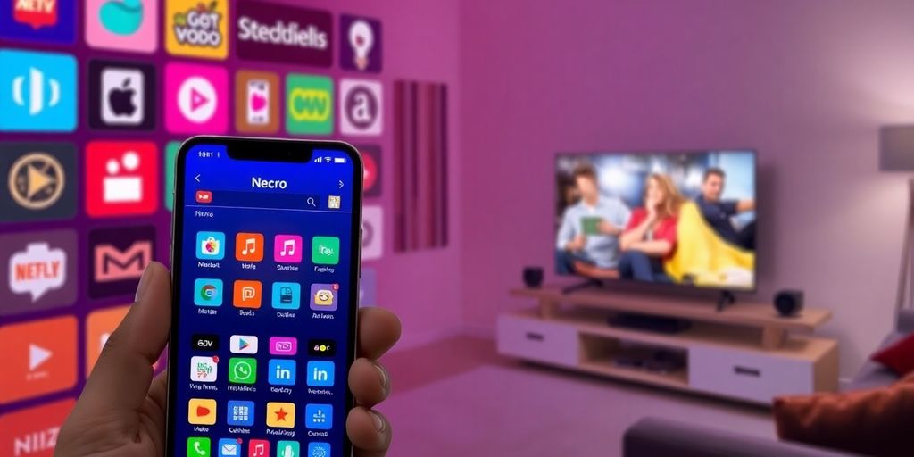 Smartphone with Necro IPTV app in a cozy living room.