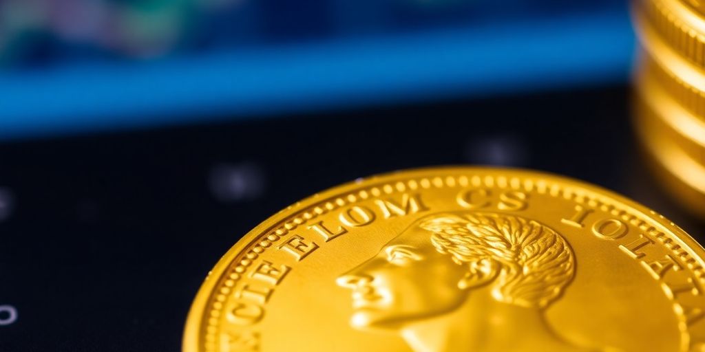 Monnaie en or Napoléon sur fond flou.