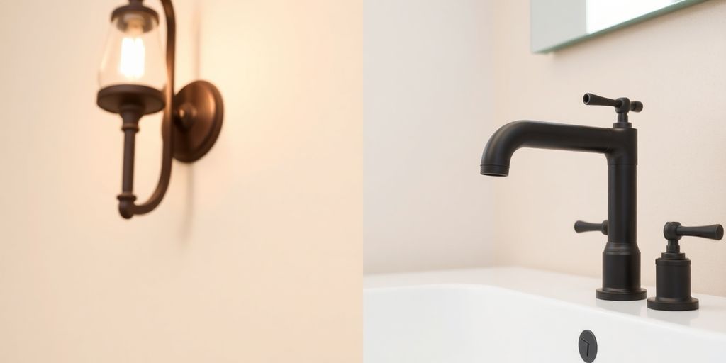 Bronze light fixture, black faucet, contrasting finishes.