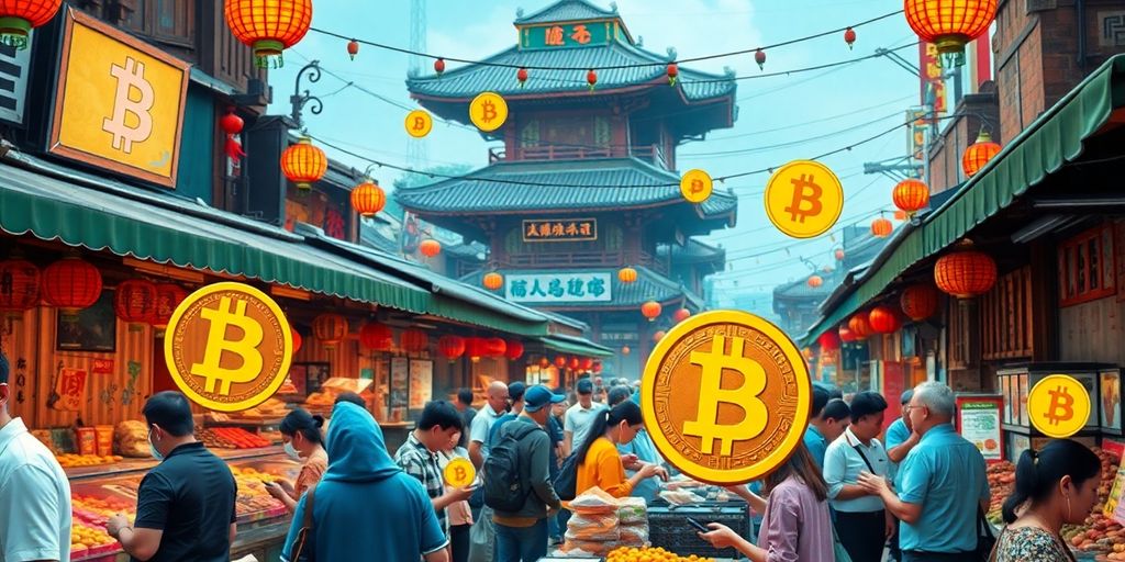 Mercato cinese vivace con simboli di Bitcoin visibili.