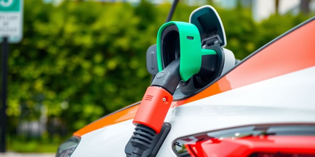 Electric vehicle charging station with cables in urban setting.