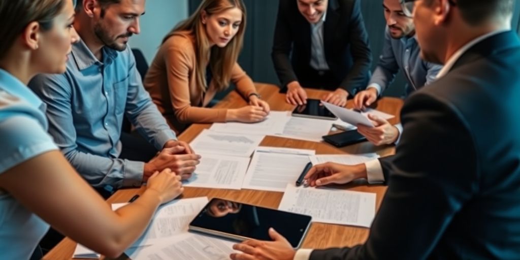 Professionals collaborating in a business strategy meeting.