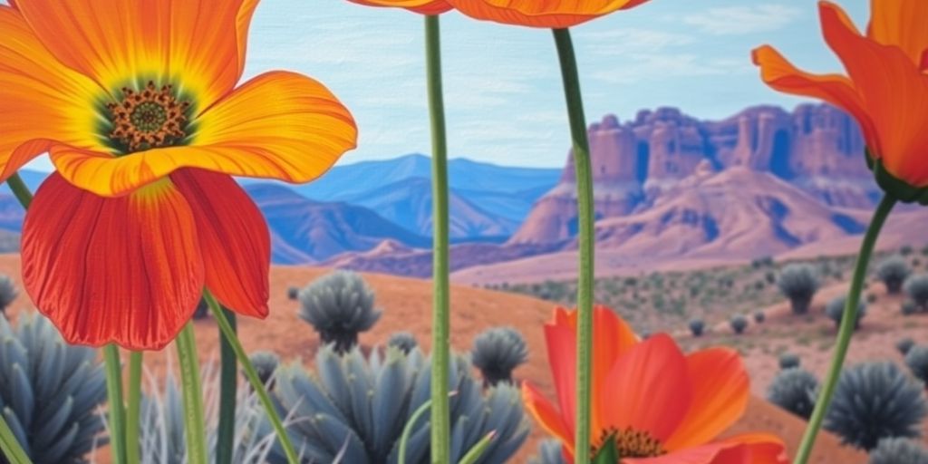 Close-up of Georgia O'Keeffe's colorful floral painting.