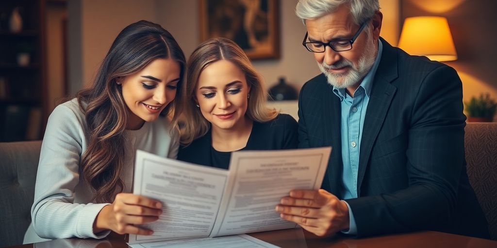 Couple and translator examining marriage certificate translation.