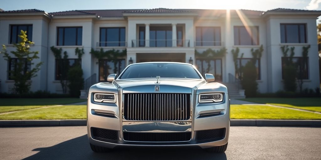 Silver Rolls Royce parked in front of a luxurious villa.