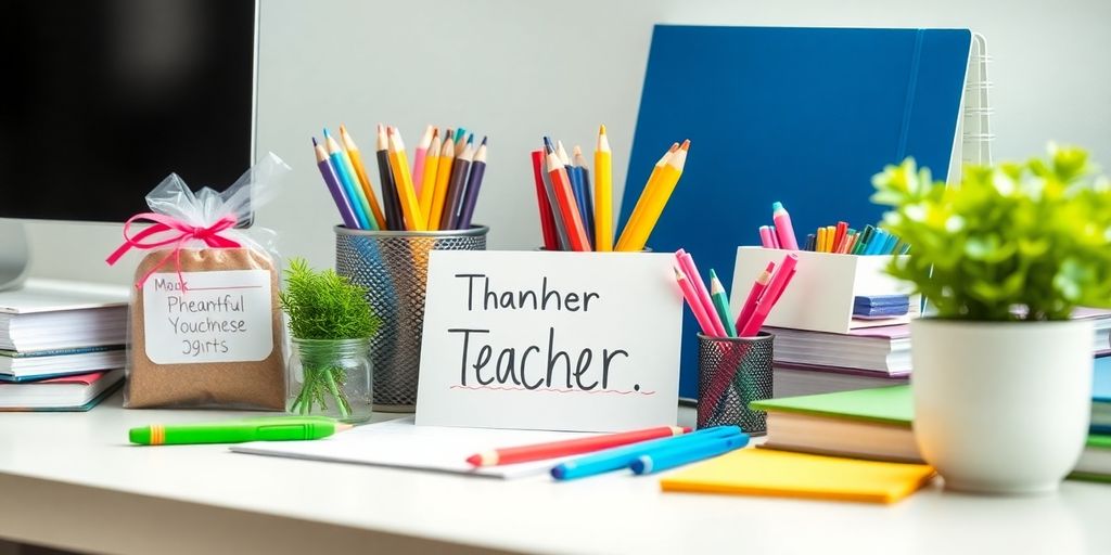 Teacher gifts and school supplies on a desk.