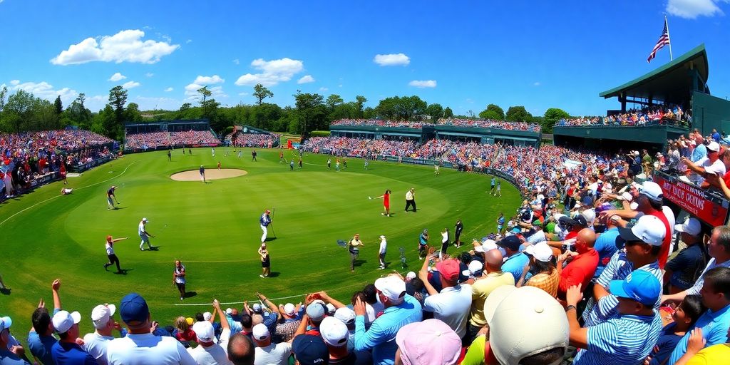 Golfers competing at the PGA Championship on a sunny day.