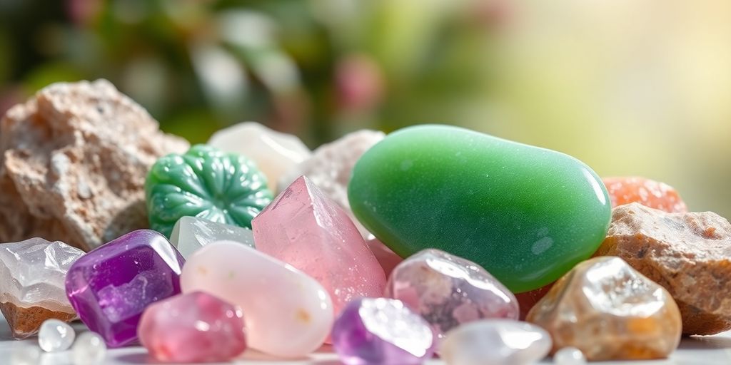 Minerales en tonos verdes y rosas sobre fondo natural.