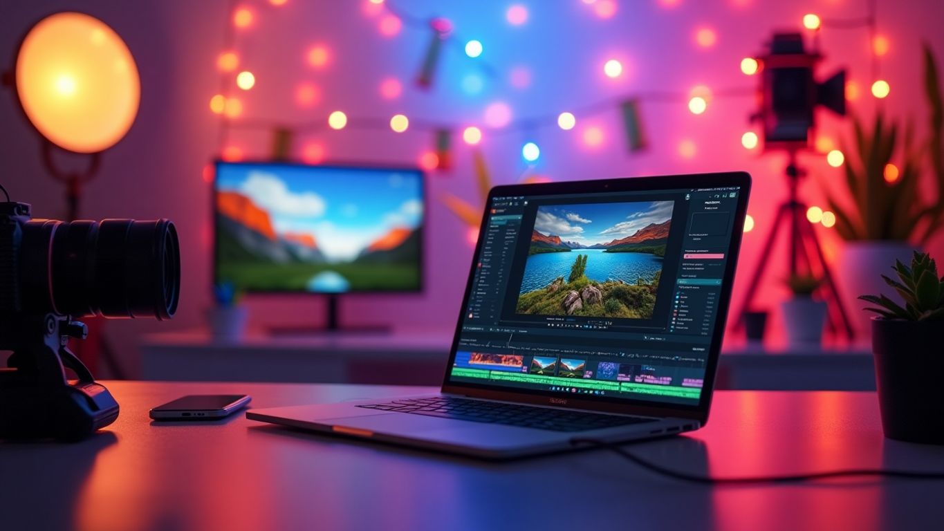 Colorful workspace with video editing tools and equipment.