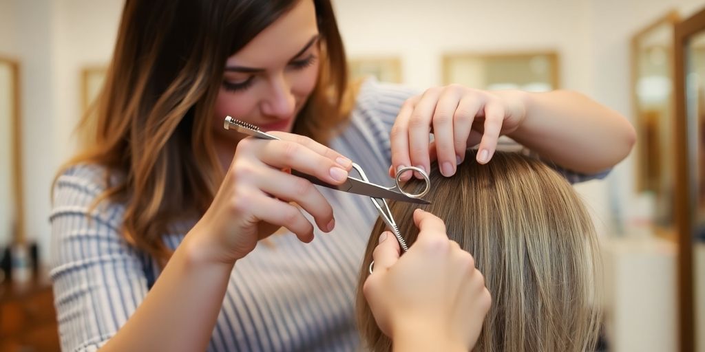 Stylist in a clean salon giving a sharp haircut.