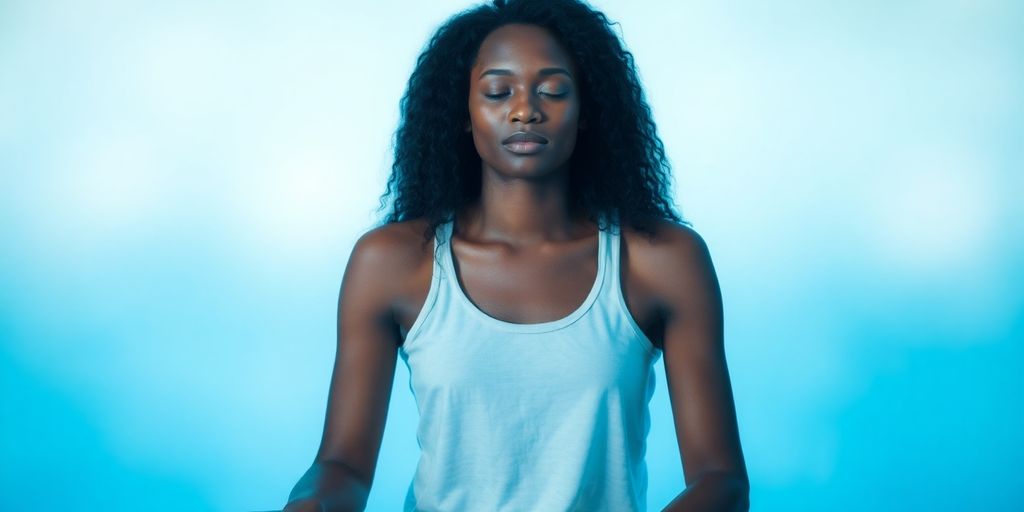 Person meditating peacefully amidst soft, flowing colors.