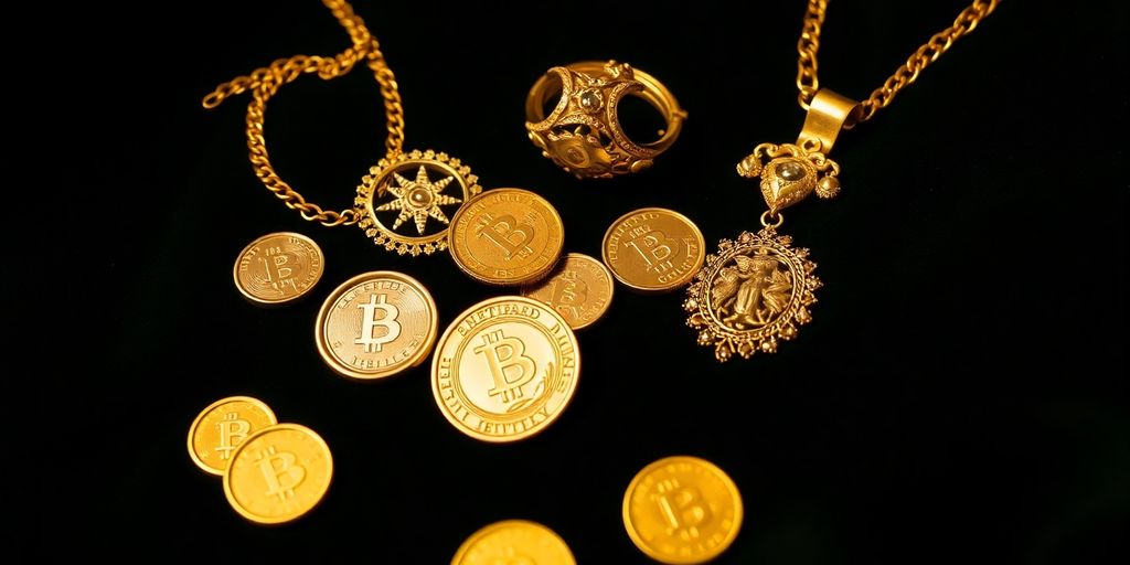 Bijoux et pièces d'or sur un tissu en velours.