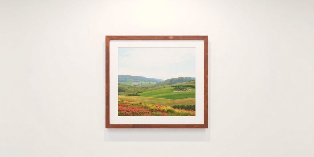 Well-lit framed painting on a blank wall.