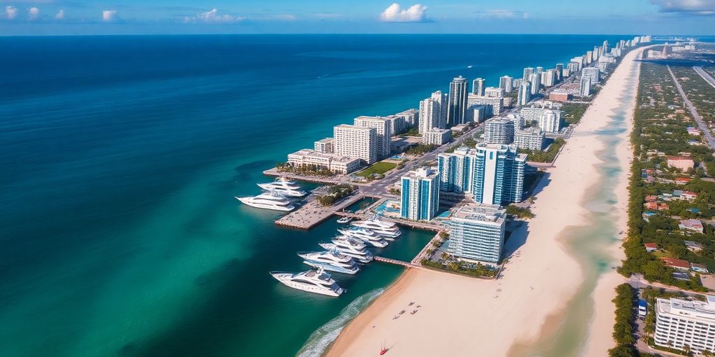 Aerial view of West Palm Beach with luxury yachts.
