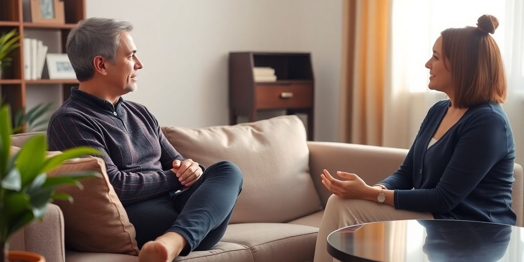 Person talking to therapist in a calming office.