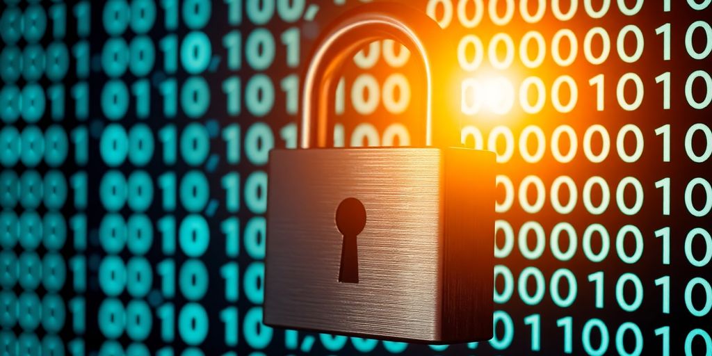Close-up of a digital lock with binary code background.