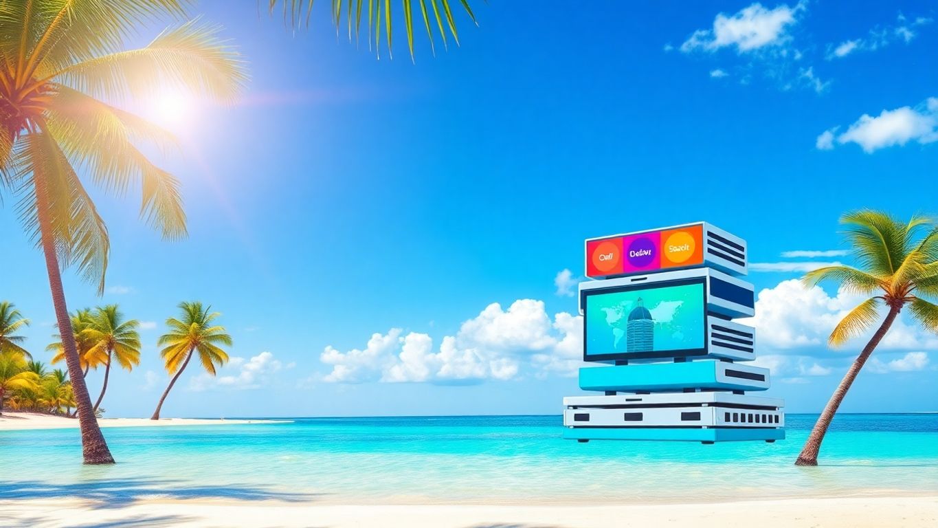 Tropical tech stack with palm trees