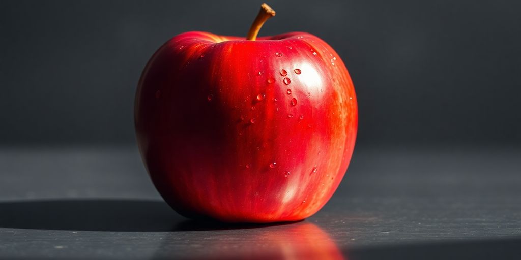 Glossy red apple with water droplets on reflective steel surface