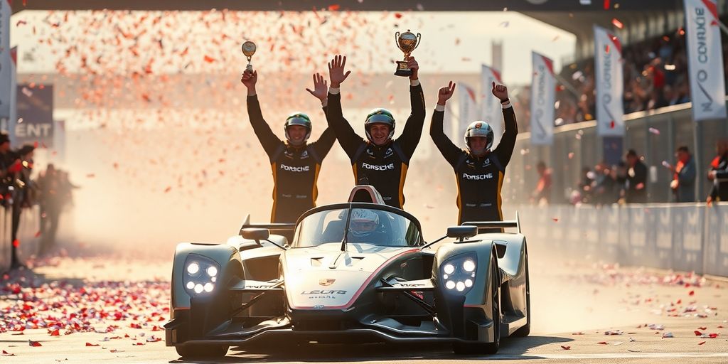 Porsche drivers celebrate Formula E championship victory.