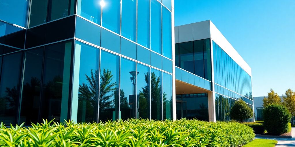 Modern office building facade with large windows.