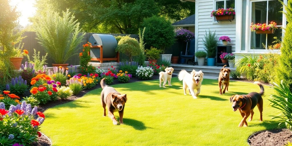 Dogs playing in a beautiful dog-friendly yard.