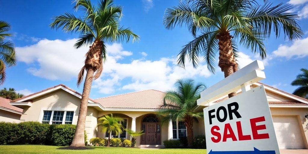 Florida home with palm trees and for-sale sign.