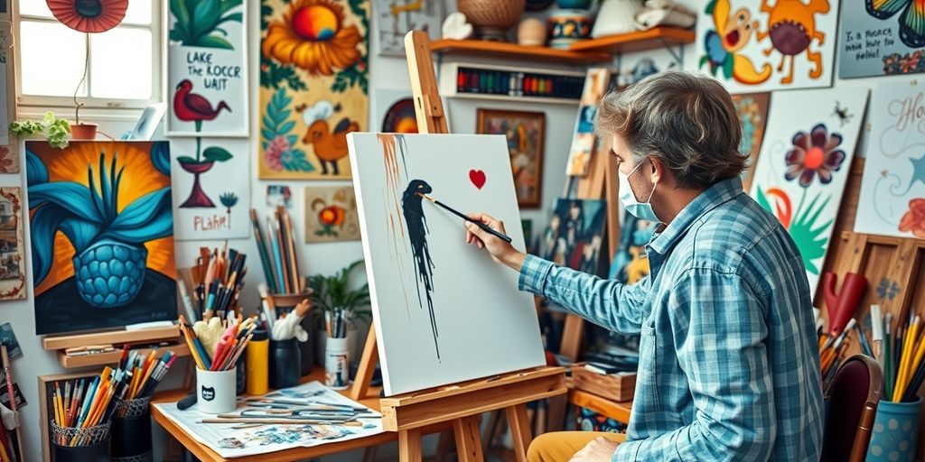 Artist painting in a bright, colorful studio environment.