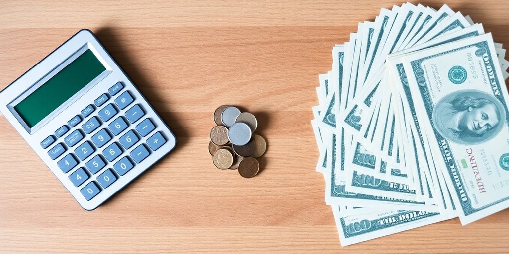 Table with calculator, coins, and bills.