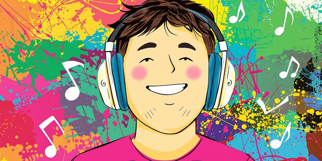 Person enjoying music with headphones and floating musical notes.