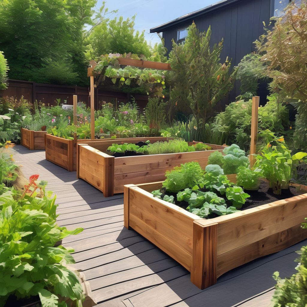 eco-friendly wooden raised garden beds in lush garden