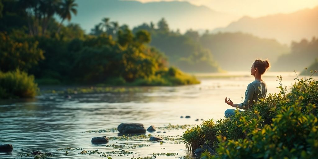 Person meditating in nature, embodying wealth and tranquility.