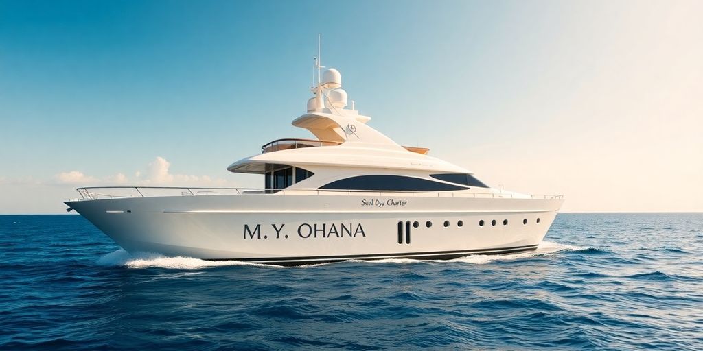 Luxury yacht Ohana sailing on clear blue water.
