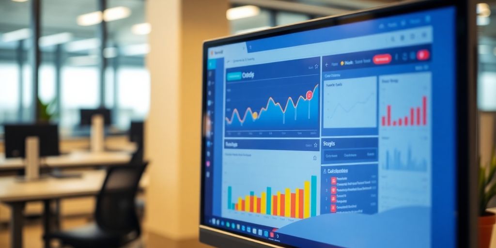 SEO dashboard on a computer screen in an office.