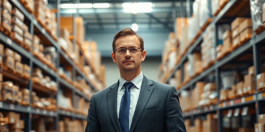 Executive in a modern warehouse environment.