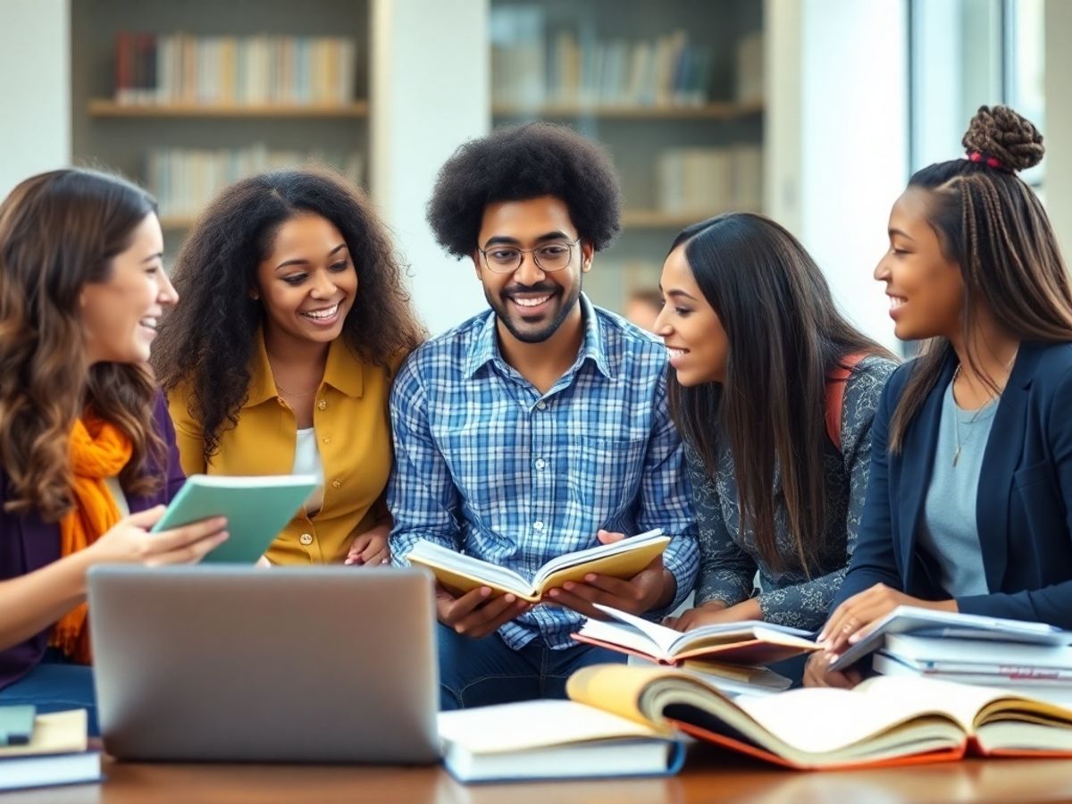 Students discussing public policy in a university environment.