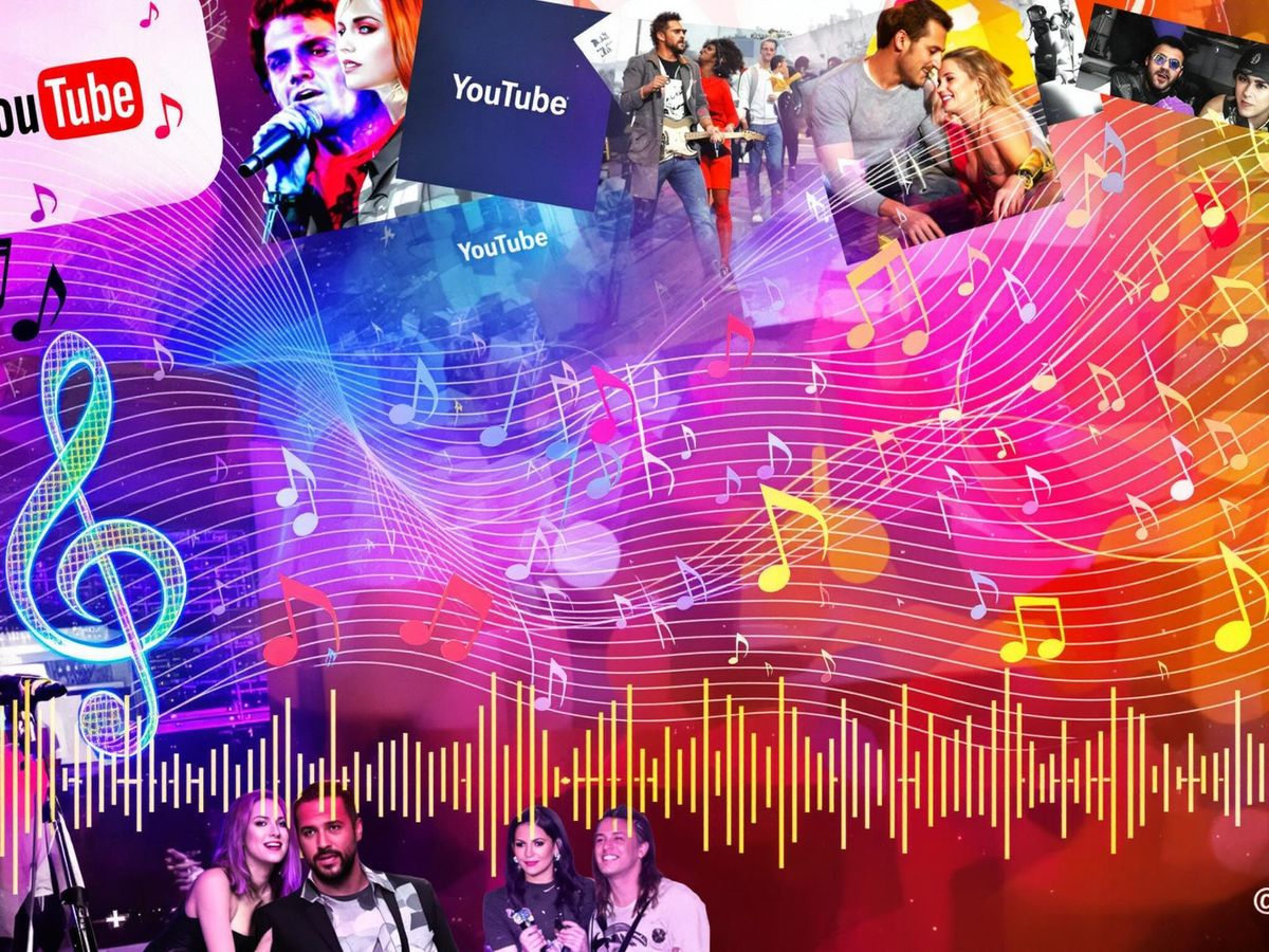Colorful music notes and YouTube logos in dynamic design.