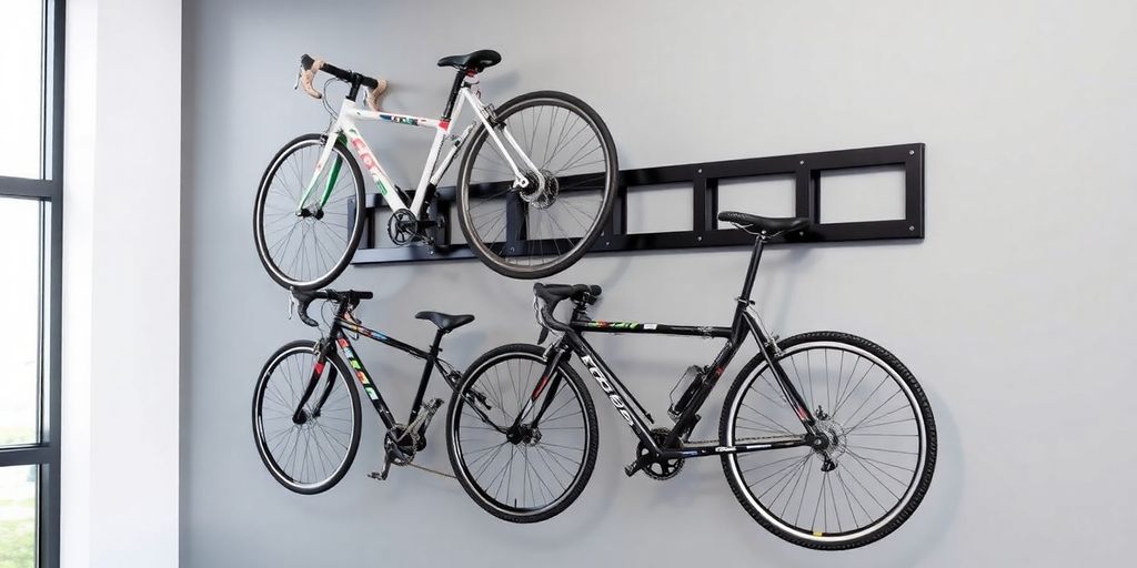 Wall-mounted bike rack holding several bicycles in order.