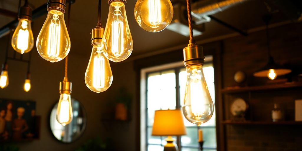A vintage-style room illuminated by warm, antique lighting fixtures.