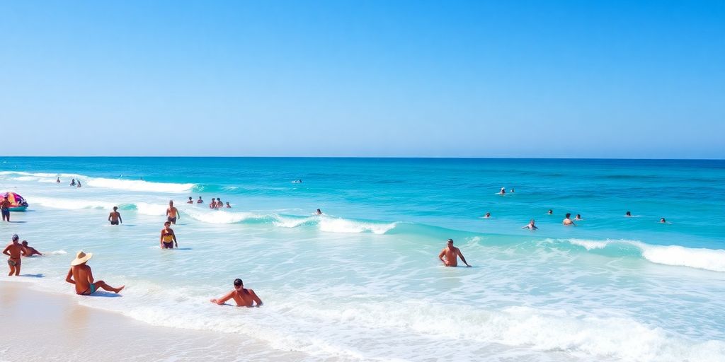 Strand mit Urlaubern, die Sonne und Wasser genießen.