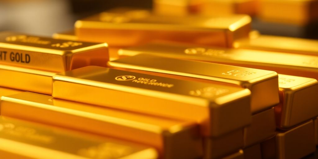 Barres d'or brillantes empilées sur un fond flou.