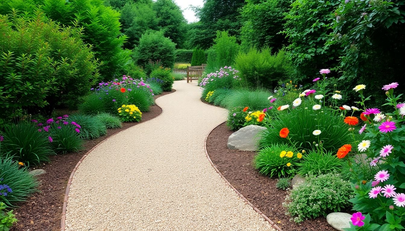Gravel path in a lush garden setting.