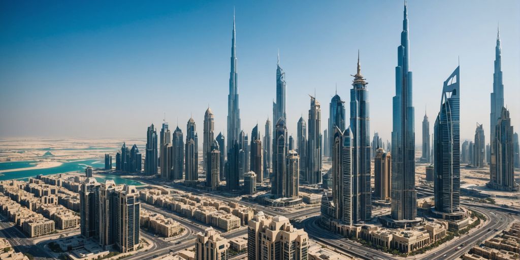 Dubai cityscape with modern skyscrapers and luxurious real estate.